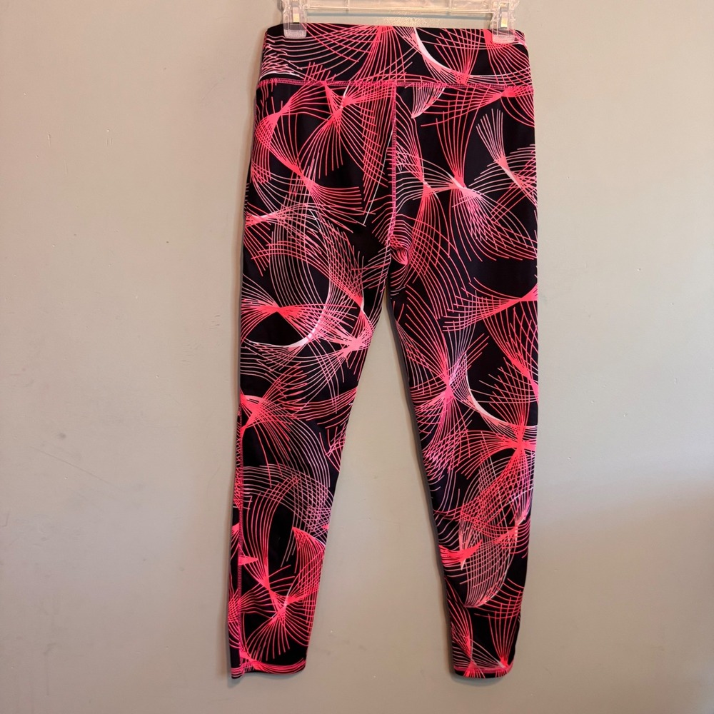 Women Geometric Mesh Panel Actve Workout Athletic Leggings Neon Pink Black L/XL - Picture 4 of 5